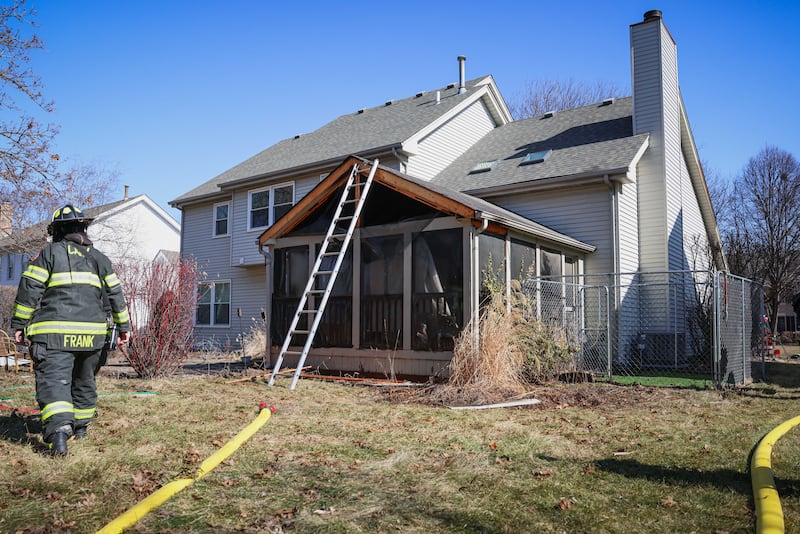 Cary Fire Protection District firefighters quickly extinguish a fire that broke out in the rear deck of a home at the 200 block of Moders Avenue on Feb. 25, 2026.