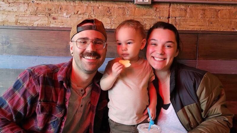 John Paul Dudakiw-Warrick, and Felicia Walters with their son Calum who was found unresponsive at Lots of Tots Childcare in Island Lake.