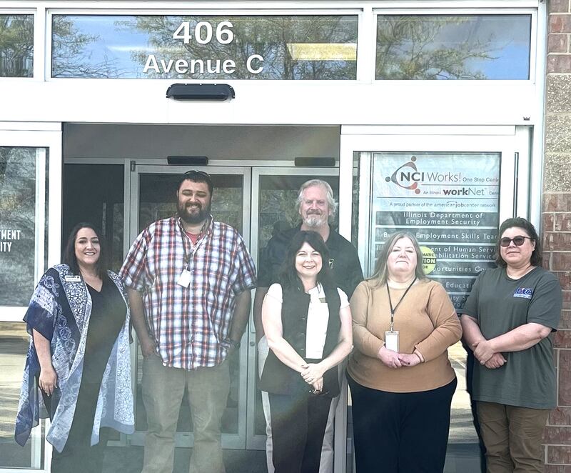Attending the first Veteran's Summit were (left to right) Elisabeth Henson, Goodwill Veterans Employment Readiness Specialist, Eric Valdez, SVCC Financial Assistance Advisor and Coordinator of Veteran’s Services, Sammi Wiggins, Castor Home Nursing, Jack Kromer, IDES Veterans Representative/Career Coach, Tammy Nehrkorn, BEST, Inc. Business Services Representative and  Deidre Woeple, IDVA Veteran Service Officer.