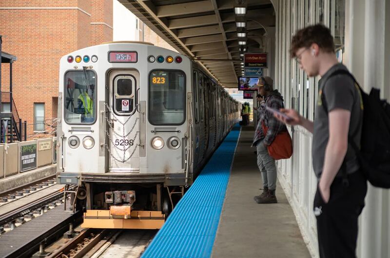 A Chicago Transit Authority Red Line train heads south from the Addison station on Chicago’s north side.