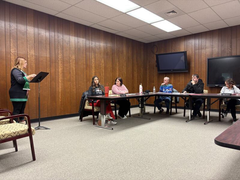 Melissa Brown speaks during a special Streator Elementary School District board meeting Wednesday night before the board approved the resignation of Northlawn Junior High School Principal Karen Brennan.