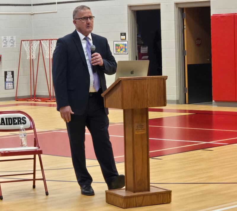 Peru Elementary Superintendent Jamie Craven talks on Wednesday, March 19, 2025, about the options for funding an expansion at Northview Elementary School.