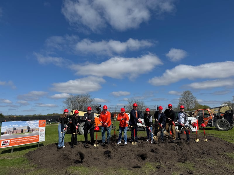 Representatives from Minooka Community High School, Nicholas and Associates, and DL Architects break ground on the new Career and Technical Education Center at Minooka Community High School's Central Campus on Saturday, April 26, 2025.