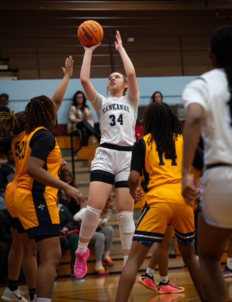 Kankakee's Ava Johnson elevates for a shot in a game against Thornwood on Thursday, December 11, 2025.
