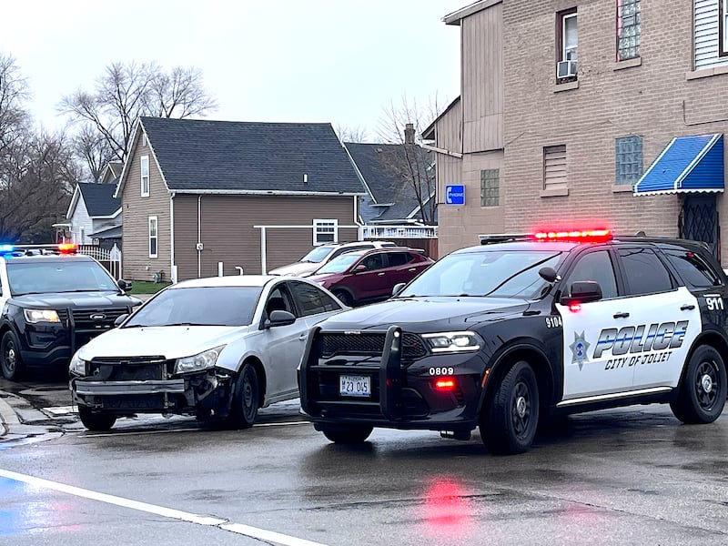 A damaged vehicle seen on Thursday, April 2, 2026, at the intersection of Henderson Avenue and Jackson Street in Joliet.