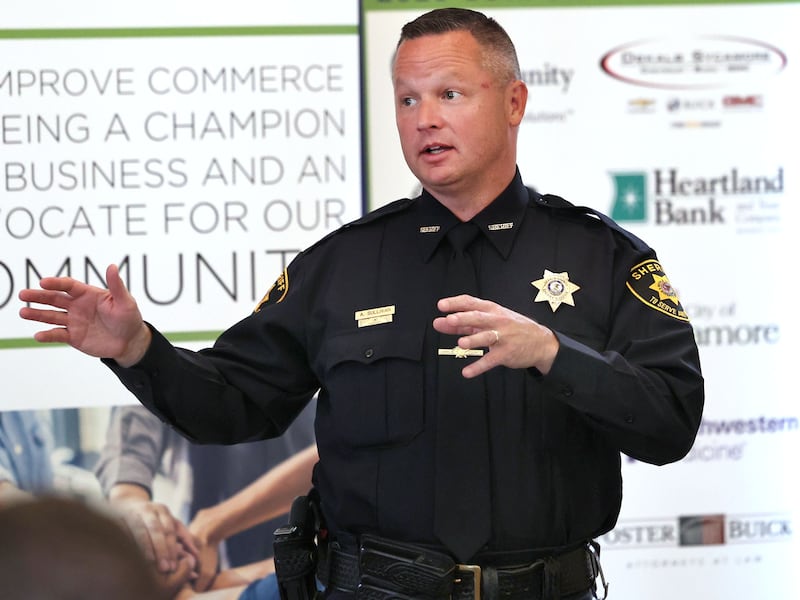 DeKalb County Sheriff Andy Sullivan speaks Wednesday, Sept. 13, 2023, during the Community Protection and Well-Being Forum: A Conversation about the Safe-T Act, in the DeKalb County Community Foundation Freight Room in Sycamore. The event was hosted by the Sycamore Chamber of Commerce.
