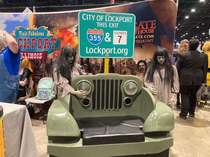 One of the city of Lockport's Route 66 benches was previewed at C2E2 on March 27, 2026, displayed with mannequins from Hell's Gate Haunted House.