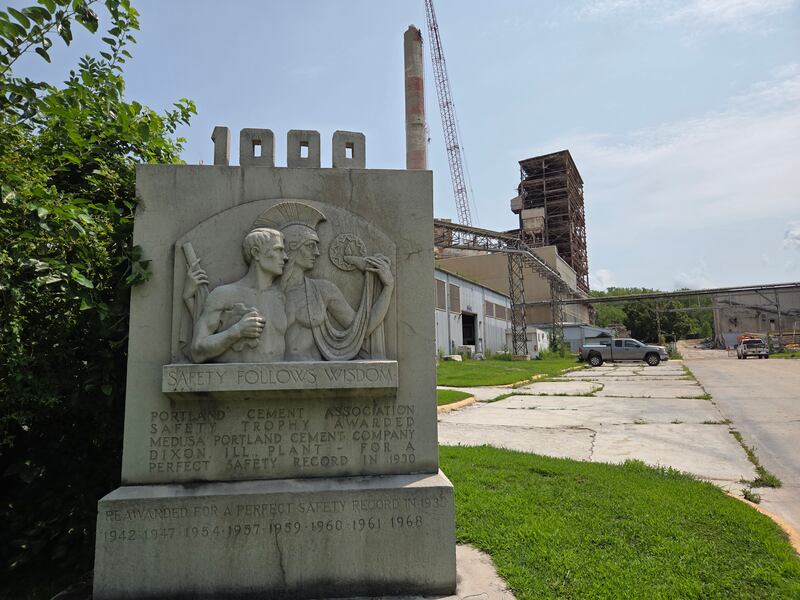 This large monument, dedicated in 1931 to mark the company’s safety efforts, still stands today at the entrance of the cement plant. Several subsequent safety records have been added to the monument.