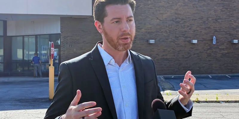 Collin Corbett, a former Republican political strategist, speaks to reporters outside the Illinois State Board of Elections in Springfield on Tuesday, May 26, 2026, after filing petitions to run for governor as an independent candidate.
