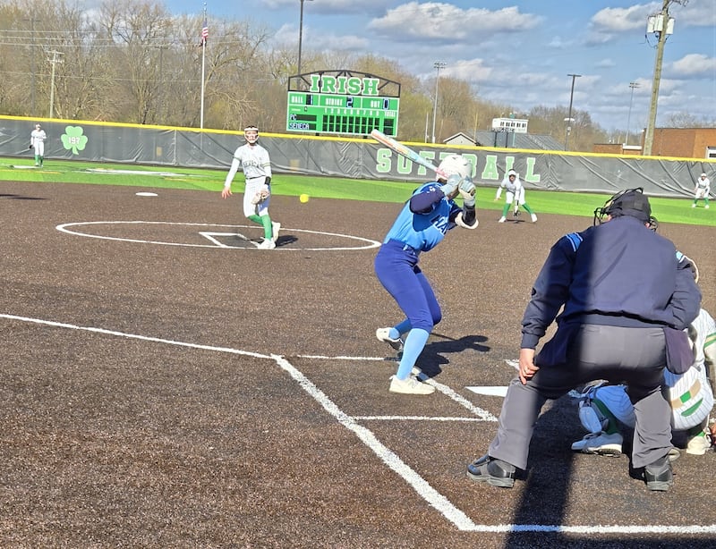 Seneca's Hayden Pfeifer fires a pitch to Prairie Central leadoff batter Kyah Creek in the opening inning of Monday's game at Seneca.
