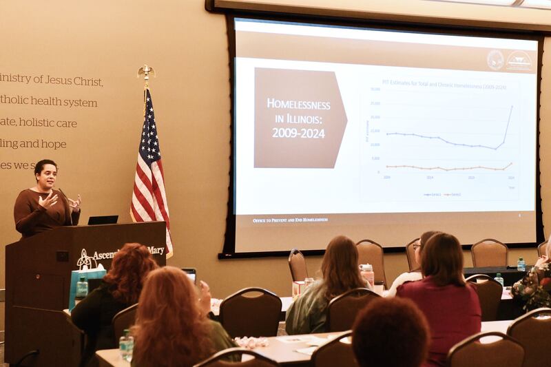 Christine Haley, chief homelessness officer with the Illinois Department of Human Services, speaks this past Friday about the rise in homelessness across the state at the Kankakee County Summit on Homelessness hosted by the Kankakee County Homeless Task Force at Ascension Saint Mary Hospital.