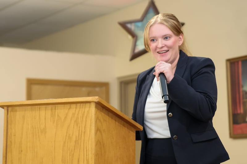Bureau County Coroner Candidate Alexandria “Lexi” Wamhoff speaks to crowd at debate on Wednesday, October 2, 2024 at Moose Lodge in Princeton.