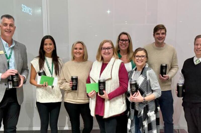 District 58 Superintendent Kevin Russell (left) is joined by (from left) educator of the year Ashley Honn; and award nominees Kristina Hopkins, Indian Trail kindergarten teacher; Sandy Leff, Indian Trail 5th grade teacher; Julie Batkiewicz, Henry Puffer 5th grade teacher; Alyssa Manzo, Indian Trail 4th grade teacher; Drew Biederman, Kingsley 3rd grade teacher; and Justin Sisul, District 58 assistant superintendent of personnel/staff development.