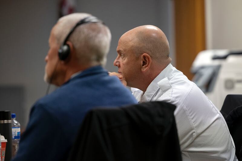 Retired Chief Cris Bouwens (left) and Rock Falls Fire Chief Ken Wolf appear in court Wednesday, Nov. 5, 2025. The two were named in a civil wrongful death suit from a 2021 fire that killed Sterling firefighter Garrett Ramos.
