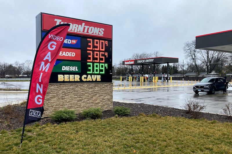 A gaming sign flies in front of the Thorntons sign in McHenry on Tuesday, April 2, 2024. The location recently received a video gaming license from the McHenry City Council to become the first truck stop in the community to offer video gaming.