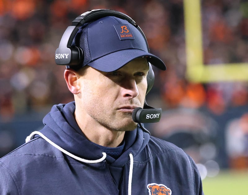 Chicago Bears head coach Ben Johnson paces the sidelines late in their NFL Wild Card game against the Green Bay Packers Saturday, Jan. 10, 2026, at Soldier Field in Chicago.