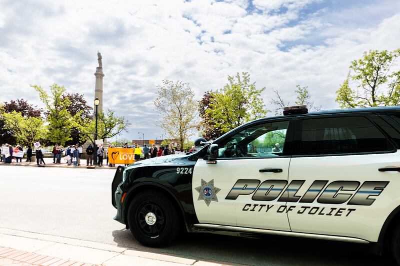 Joliet Police are on hand during the May Day Weekend Rally in Downtown Joliet on May 3, 2025.