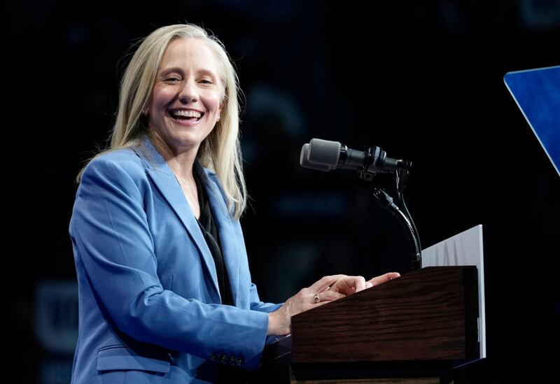 Virginia Democratic gubernatorial candidate Abigail Spanberger speaks during a campaign event with former President Barack Obama, Saturday, Nov. 1, 2025, in Norfolk, Va. (AP Photo/Steve Helber)