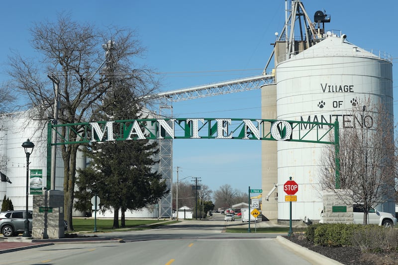The village of Manteno grain bin as seen Main Street in the downtown area.