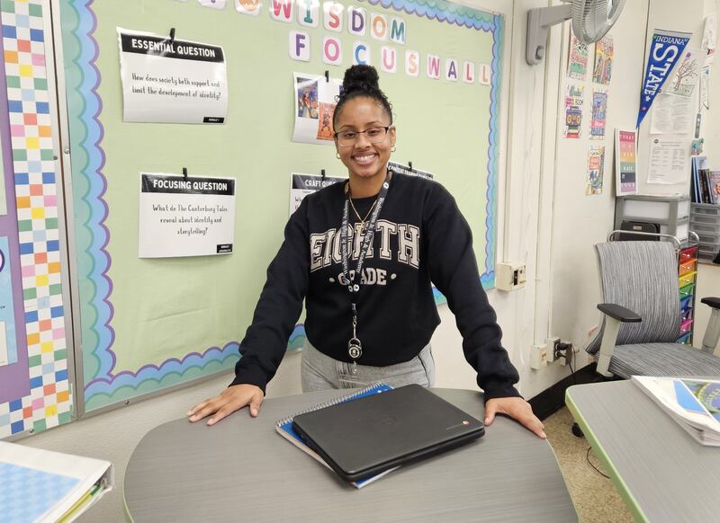 Sasha Oquendo, an Air Force veteran, teaches eighth grade language arts at Washington Junior High School & Academy in Joliet.