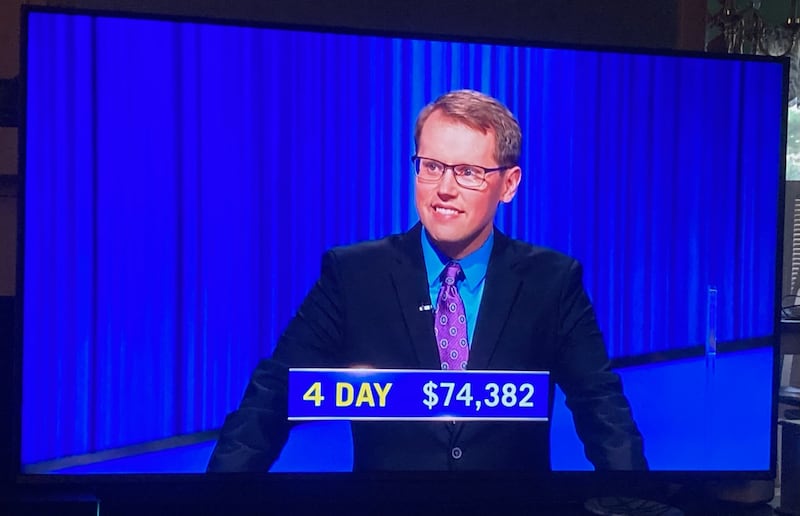 Princeton band instructor Steven Olson won his fourth game on Jeopardy and now has won a 4-day total of $74,382.
