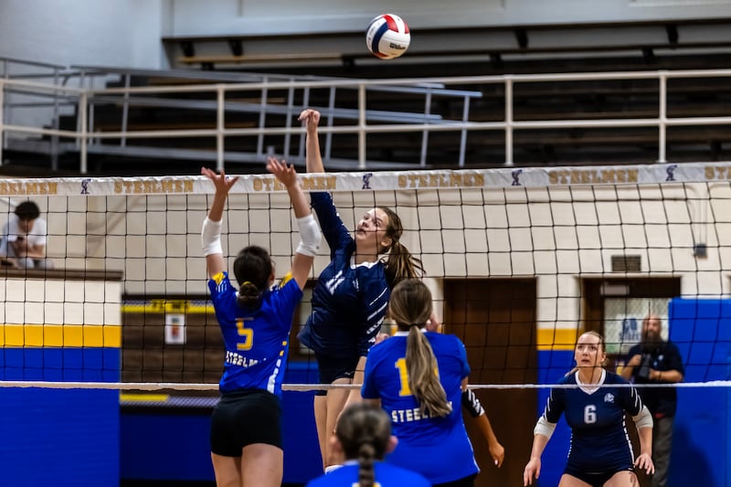 Lisle’s Emily Staley aims to score during a varsity volleyball away game against Joliet Central on Sept. 22, 2025.