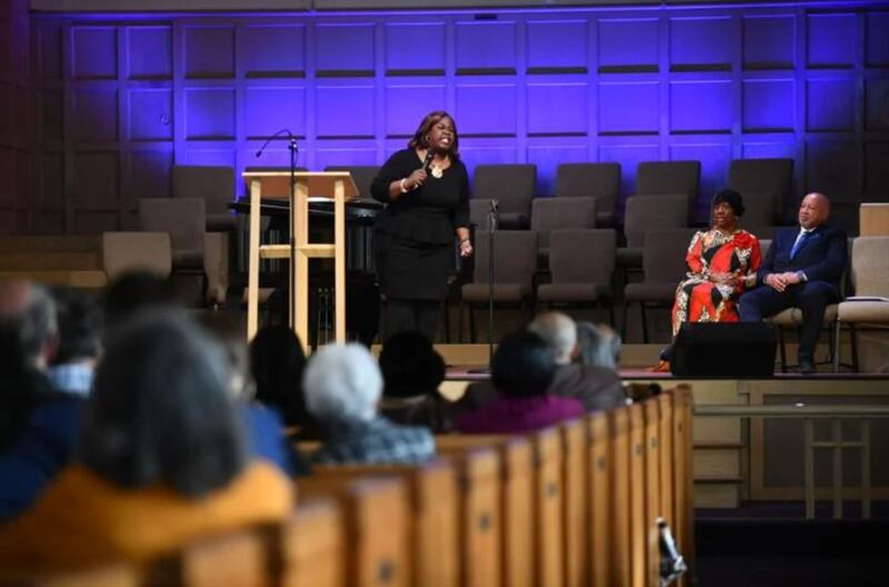 The Rev. Dr. Lori Holmes, pastor of Kankakee’s Caldwell Chapel AME Zion Church, gives the keynote speech during the Dr. Martin Luther King Jr. Memorial Foundation’s annual Ecumenical Ceremony last year at College Church of the Nazarene. The event returns at 10 a.m. Monday, preceded by the Interfaith Prayer Breakfast at ONU’s Chalfant Hall.