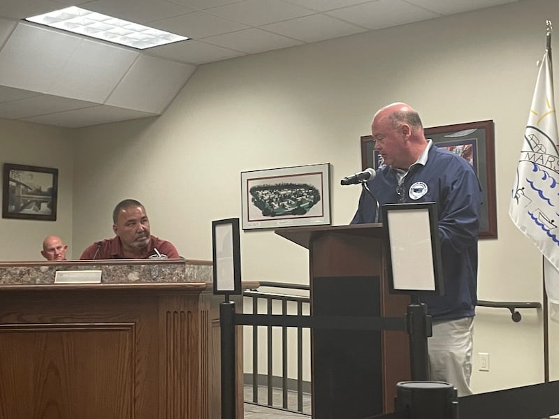 Floyd Jones (standing) of the International Brotherhood of Electrical Workers Local 176 in Joliet addresses Wednesday, Nov. 5, 2025, the Marseilles City Council, urging members to approve a clean energy project by Constellation Energy.
