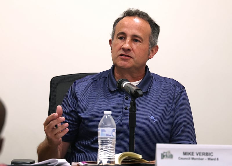 DeKalb 6th Ward Alderman Mike Verbic talks Monday, June 23, 2025, about the implementation of a city grocery tax during the DeKalb City Council meeting at the DeKalb Public Library.