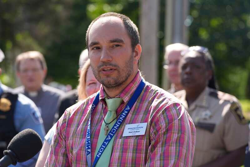 Annunciation Catholic School Principal Matt DeBoer speaks outside the Minneapolis school following a shooting there Aug. 27, 2025.