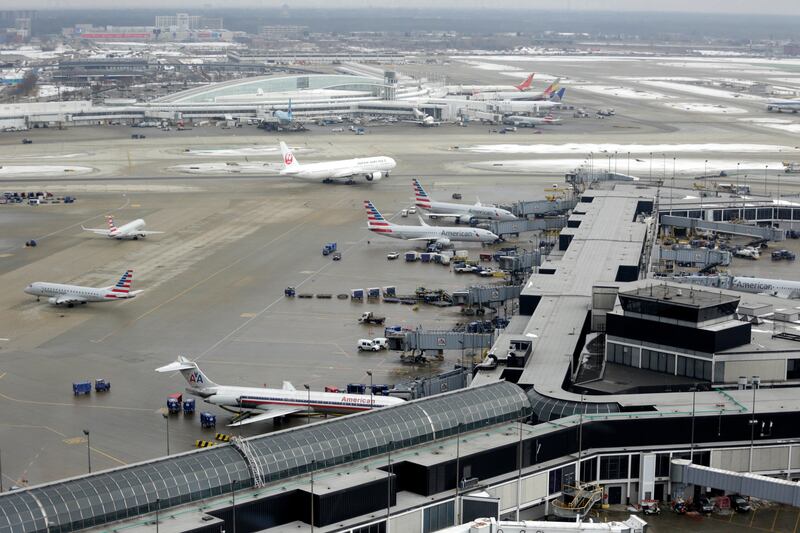 FILE - In this Feb. 11, 2015, file photo, ground traffic is seen from the control tower at O'Hare International Airport in Chicago.