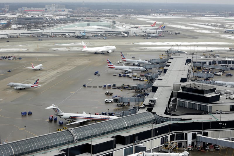 FILE - In this Feb. 11, 2015, file photo, ground traffic is seen from the control tower at O'Hare International Airport in Chicago.