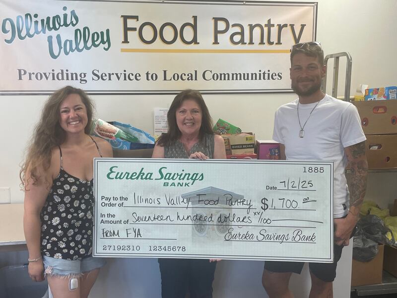 FYA (For You All), a La Salle tavern, held a June 28 fundraiser that yielded $1,700 plus 146 pounds of non-perishable foods for the Illinois Valley Food Pantry. Pictured at the July 2, 2025, check passing are (from left) Katie Orsini, co-manager of FYA; Mary Jo Credi, executive director of the food pantry; and Ricky Parsons, co-manager at FYA.