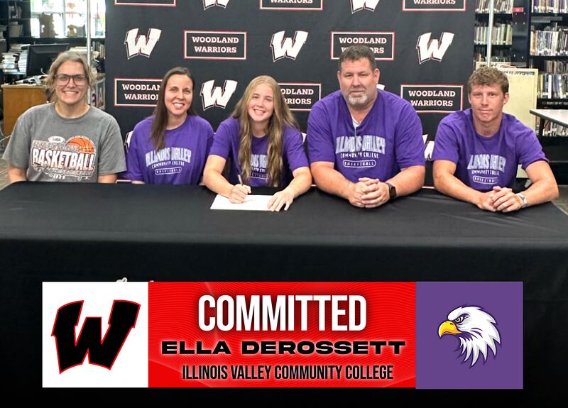 Woodland graduate, Flanagan-Cornell/Woodland all-time leading scorer and Times All-Area Girls Basketball first-teamer Ella Derossett has signed on to continue her education at Illinois Valley Community College in Oglesby and her basketball career at the NJCAA Division II level with the Eagles. Pictured here at her signing ceremony this week are (left to right): FCW coach Danielle Edens and the Derossett family – Jamie, Ella, Kevin and Trevor.