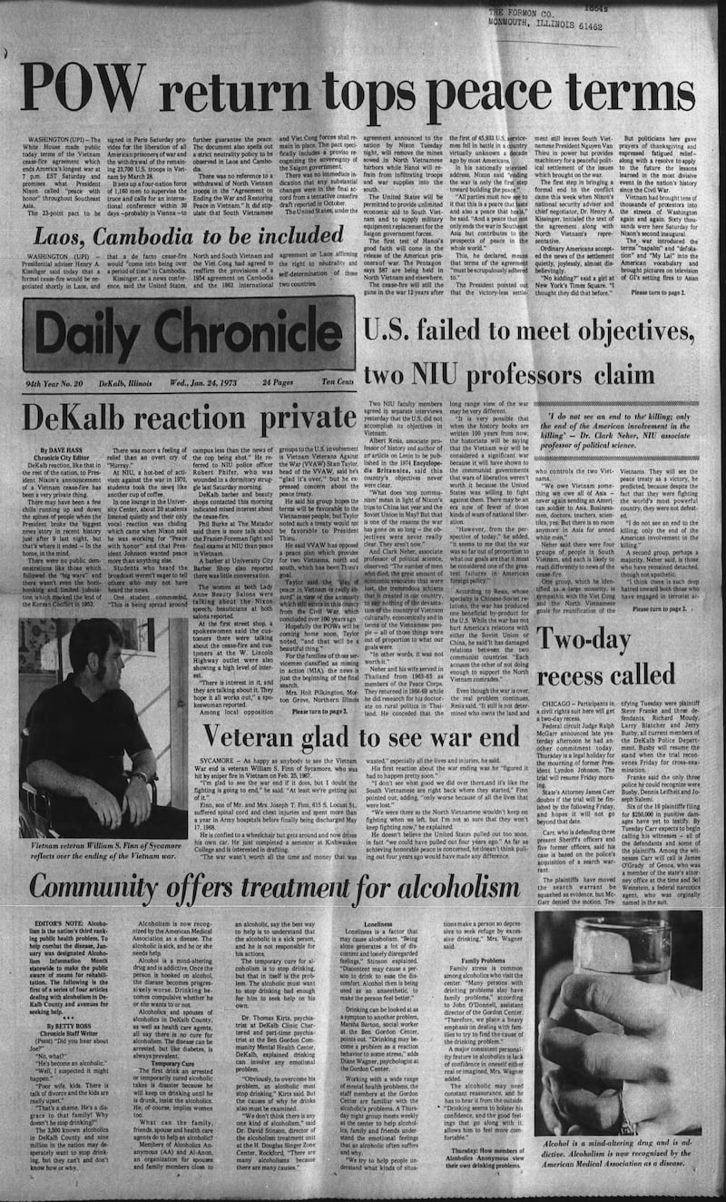 The Daily Chronicle cover for Jan. 24, 1973