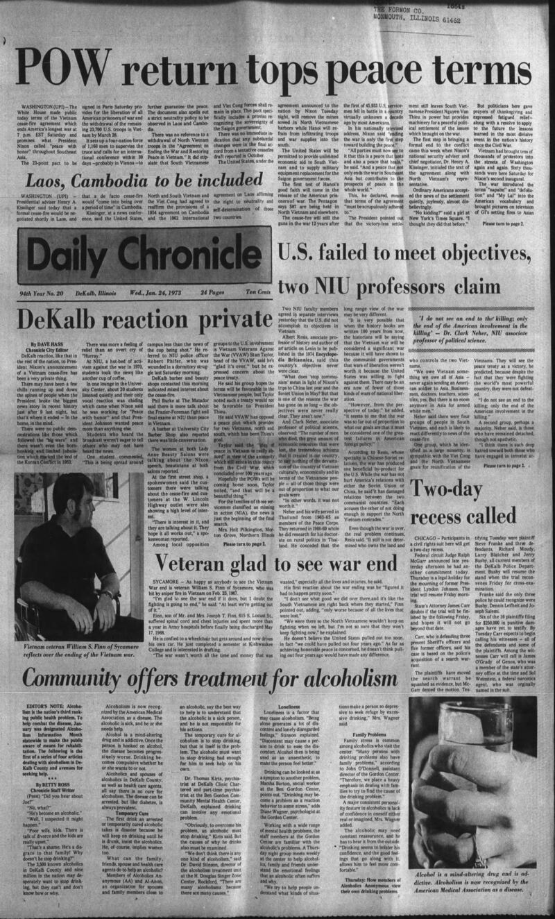 The Daily Chronicle cover for Jan. 24, 1973