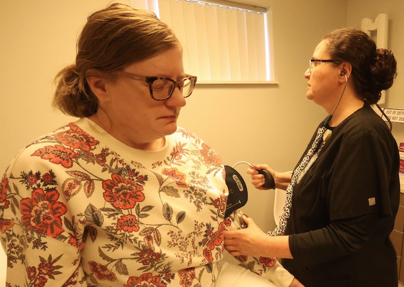 Bethann Landrus has an exam performed by Lisa Enthwistle MOA on Wednesday, April 22, 2026 at the Bureau County Health Department in Princeton.