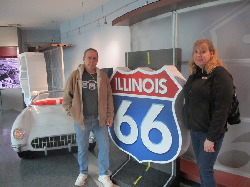 Jim and Sue Svehla of Oswego pause at the Joliet Area Historical Museum on Saturday before starting their trip down the historic Route 66 for the Red Carpet Corridor Festival along the historic highway.
