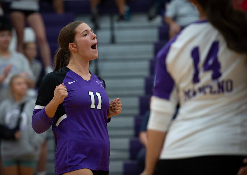 Manteno's Morgan Derrico, left, celebrates a point won over Coal City in a match on Thursday, September 11, 2025.