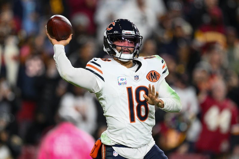 Chicago Bears quarterback Caleb Williams throws a pass during the second half of an NFL football game against the Washington Commanders, Monday, Oct. 13, 2025, in Landover, Md. (AP Photo/Nick Wass)