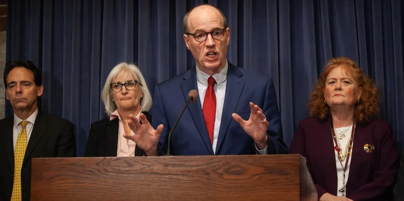 Sen. Bill Cunningham speaks at a news conference announcing the AI bill package on Wednesday, May 13, 2026. Cunningham said the package game, in part, out of a lack of federal action to regulate AI.