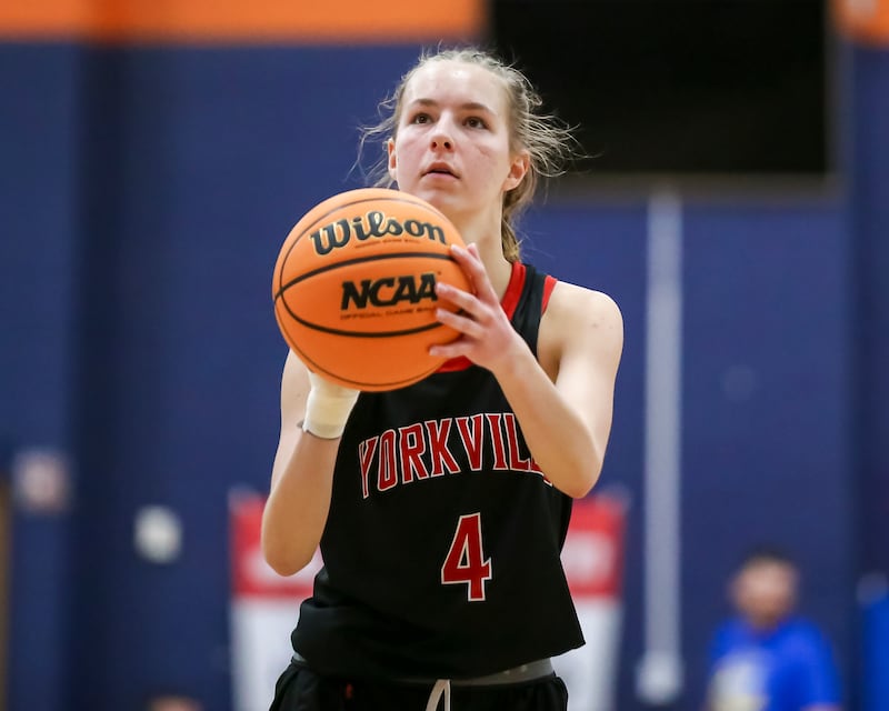 Yorkville's MacIe Jones (4) shoots a free throw during their basketball game between Yorkville at Oswego, Feb 7, 2026 in Oswego.