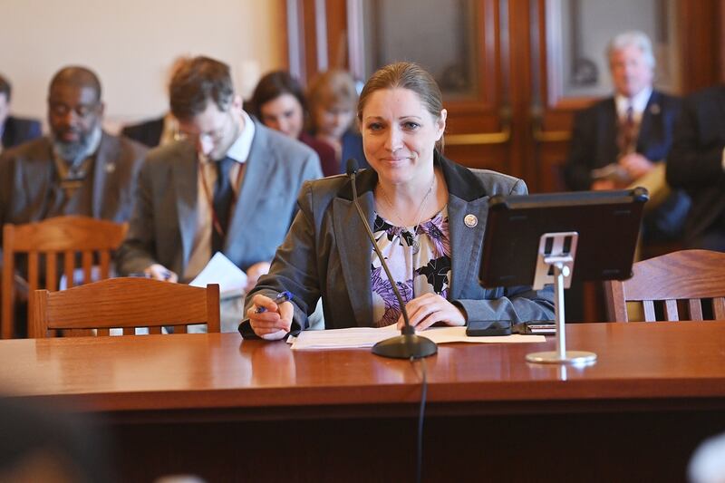 State Senator Rachel Ventura speaking in the Illinois Senate Appropriations-Public Safety and Infrastructure Committee in Springfield.