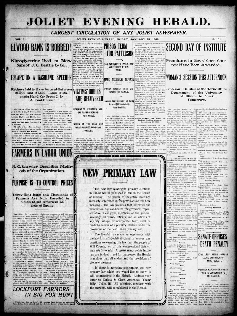 The cover of the Joliet Evening Herald on Jan. 19, 1906