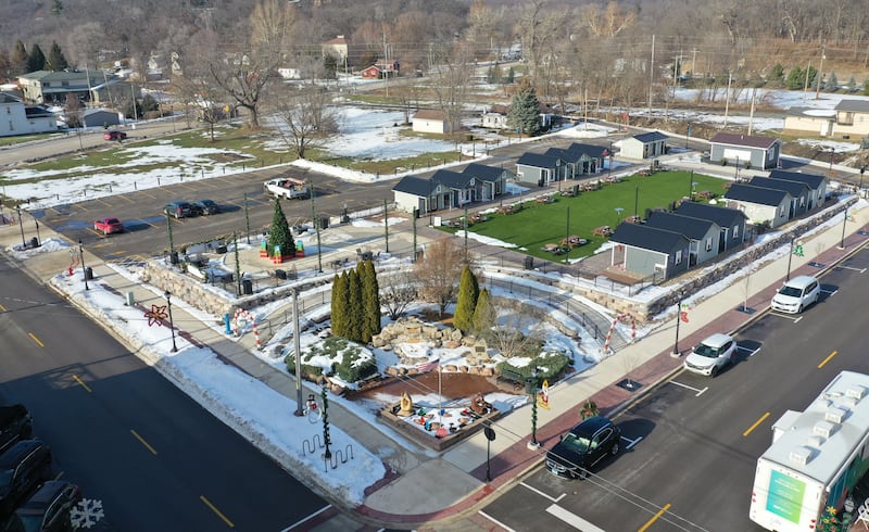 An aerial view of Market on Mill on Wednesday, Dec. 17, 2025 downtown Utica. A warm change in the weather pattern will bring unseasonabiy temperatures of close to 50 degrees by Christmas.