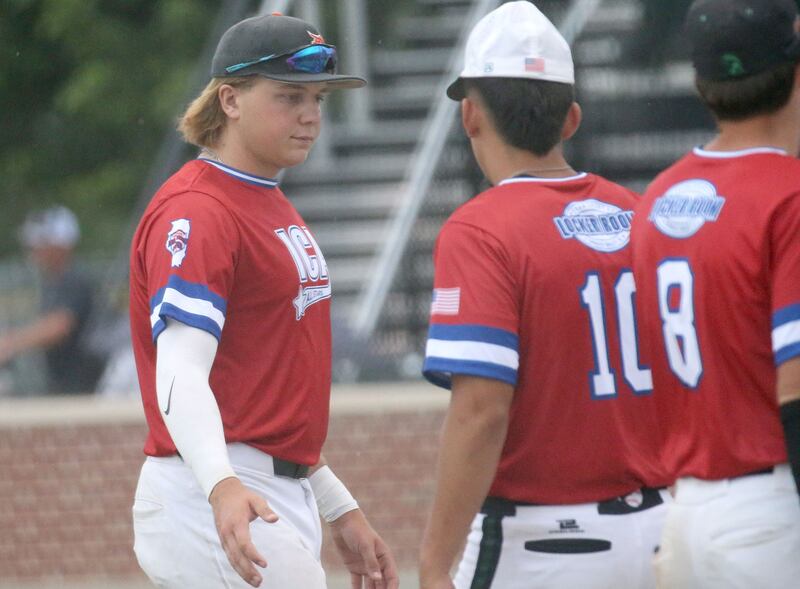 DeKalb's Brodie Farrell celebrates with Rock Falls' Austin Castaneda during the ICA Senior Baseball All-Star Games on Monday, June 30, 2025 at Schweickert Stadium in Peru.
