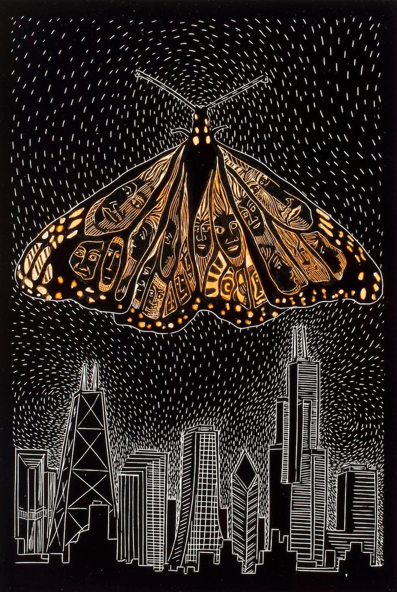 "Monarch Sky" art piece created by artist Rene Arceo