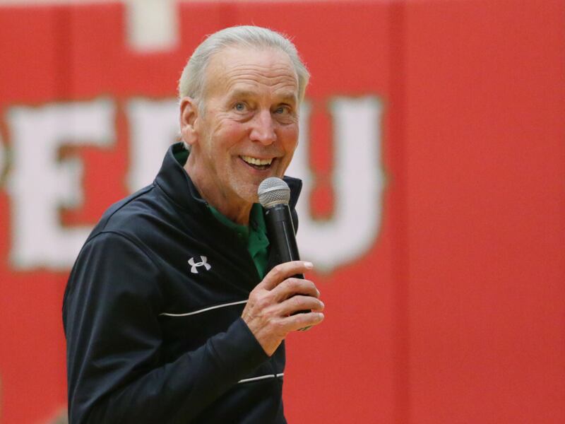 L-P head coach Mark Haberkorn smiles during a special celebration after getting his 1000th career win against Ottawa on Tuesday, Oct. 18, 2022 at Sellett Gymnasium at L-P.