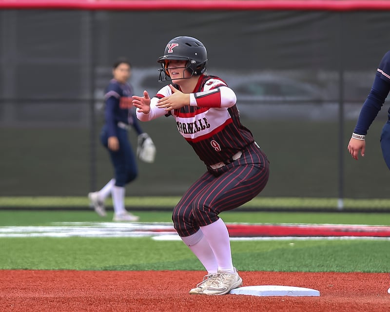 Yorkville's Callie Ferko (9) reacts at second after knocking in a run with a double during softball game between Oswego at Yorkville. May 5, 2026 in Yorkville.
