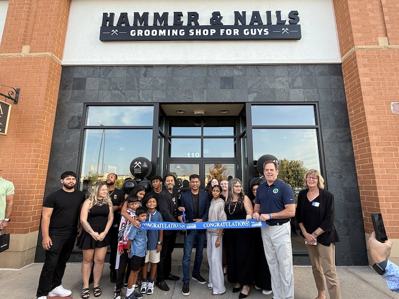The Geneva Chamber of Commerce recently celebrated the grand opening of Hammer and Nails.
Owner Alpesh Jayswal cut the ribbon, held by his nephew, Shay Patel, and Geneva Mayor Kevin Burns.
Men's barbershop Hammer and Nails owner Alpesh Jayswal cuts a ribbon, held by his nephew, Shay Patel, and Geneva Mayor Kevin Burns at a grand opening ceremony on Oct. 2, 2025, at 110 Commons Drive, Geneva, with the Geneva Chamber of Commerce.